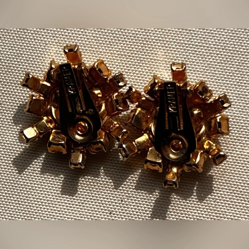 Kramer New York  1950's Gold Plated Brass Filagree  Earrings with Rhinestone